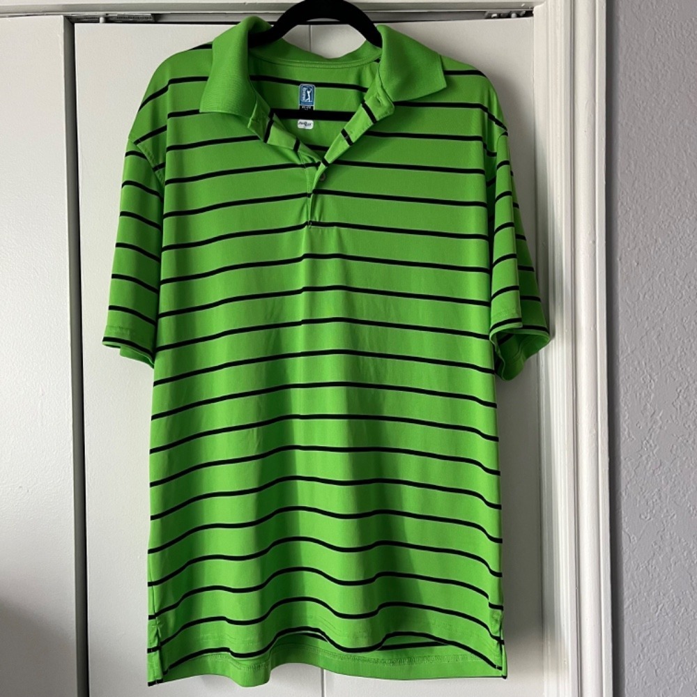 PGA TOUR‎ Golf Polo Shirt Striped Short Sleeve Green Black Men's Size XL